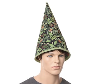 Gnome Hat Oversized Quilted Cotton Cottage Core Floral Holly Black Print Tall Pointed Cap Costume Adult Men Women