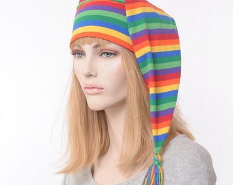 Rainbow Nightcap Striped Cotton Sleep Hat, Handmade Night Cap Optional Tassel Long Stocking Cap, Elf Pixie Gnome Adult Men Women
