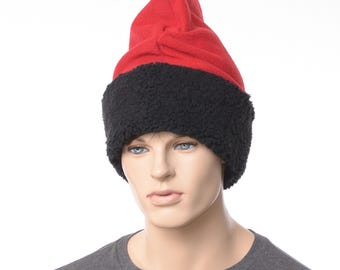 Red Barrentina Fleece Hat with Black Sherpa Cuff, Mediterranean Fisherman Winter Hat for Adults