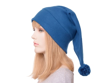 Peacock Blue Stocking Cap Fleece Pointed Beanie Pompom Adult Men Women Unisex Hat Costume Elf Hat Ren Fair Victorian