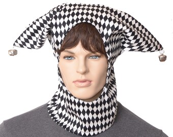 Jester Hood Hat  Black and White Harlequin Diamonds Cotton Silver Bells Harlequin Cap Cosplay Handmade Adult Men Women