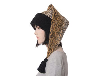 Leopard Stocking Cap Shoulder Length Fleece Santa Elf Hat Adult Men Women Warm Winter Hat Best Gift for Her
