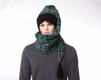 Hat and Scarf in One – Fleece Wrap Around Winter Hat in Green Plaid • Long Tail Stocking Cap • Warm Commuter Hat