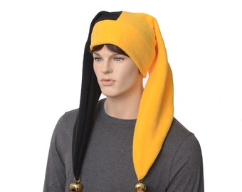 Jester Hat Extra Long Black and Yellow Gold Two Pointed Tails Fools Cap Fleece Cosplay Jingle Bells  Adult Men Women Renaissance Fair