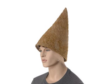 Mushroom Gnome Hat, Mottled Green Brown Quilted Pointed, Woodland Elf Cap, Adult Fantasy Costume Hat, Renaissance Faire Accessory Goblincore