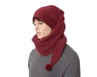Extra Long Stocking Cap Burgundy  Fleece Wrap Around Scarf Hat 5 Ft Tail Hat Pompom Adult Man Woman Maroon Pompom Tip