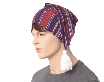 Sleeping Hat Striped Purple Red White with Tassel Nightcap Style Soft  Adult Men Women Chemo Hat