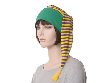 Nightcap Mardi Gras Purple Yellow Stripe with Green Headband Adult Men Women Pompom Cosplay Night Cap Sleep Hat