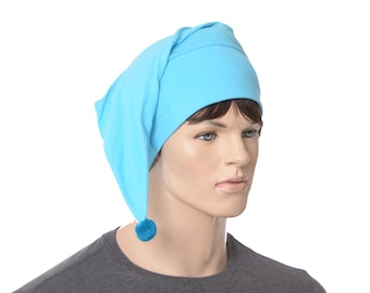 Turquoise Blue Cotton Nightcap: Handmade Short Pointed Night Cap with Pompom Sleep Hat Adult Men Women