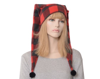 Stocking Cap Two Pointed Red Black Buffalo Plaid Back Facing Pompoms Fleece Adult Men Women  Warm Winter Hat