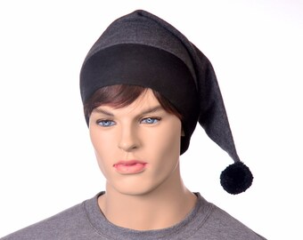 Stocking Cap Gray Black Pompom Fleece Extra Large Unisex Adult Women Mens Hat Goth Long Pointed Elf Beanie Adult Gift for Him or Her