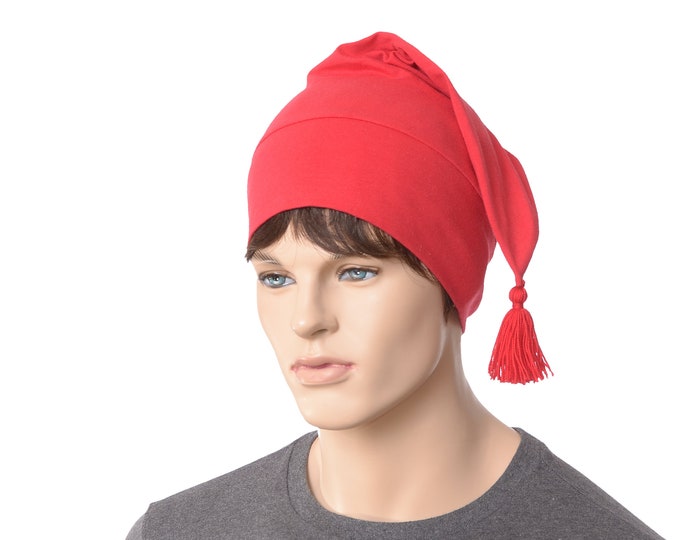 Featured listing image: Sleeping Cap Red Cotton NightCap Sleep Hat Pointed Tassel Night Cap Unisex Adult Men Women  Chemo Cap Traditional