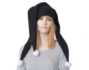 Jester Hat Long Black With White Pompoms Three Pointed Fleece Harlequin Cosplay Below Shoulder Goth Ren Fair