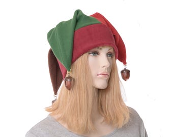 Woodland Jester Hat with Acorn Bells, Green Brown Rust Fleece Harlequin Hat, Renaissance Faire Fae Costume