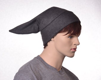 Charcoal Gray Fleece Elf Hat: Handmade Pointed Stocking Cap
