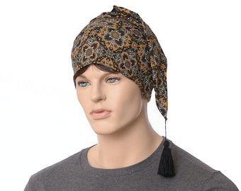 Sleeping Hat Gold Black Floral Scroll with Tassel Nightcap Style Soft  Adult Men Women Night Cap Chemo Hats