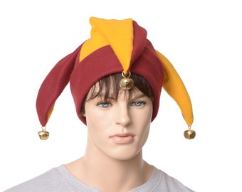 Jester Hat Red Gold with Jingle Bells Fleece Harlequin Cap Fool Three Tailed Beanie Cosplay