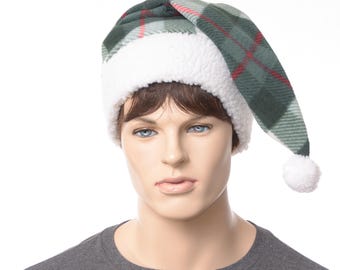 Santa Hat Plaid Green White Red Fleece Stocking Cap with Sherpa Cuff and Hand Tied Pom Pom Adult Mens Womens