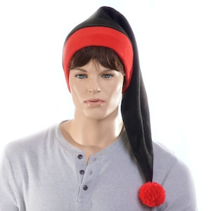 Long Stocking Cap Black Red Fleece with Pompom Sleep Hat or Costume Redcap Hat Unisex Renaissance Night Cap Adult Women Men