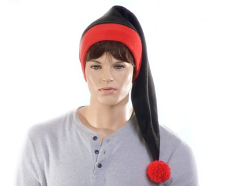 Long Stocking Cap Black Red Fleece Hat Chest Length Pointed Elf Santa Adult Men Women