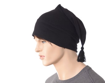 Nightcap Black Short Pointed Night Cap Tassel  Cotton Hat to Sleep in Sleeping Hat Adult Men Women Unisex