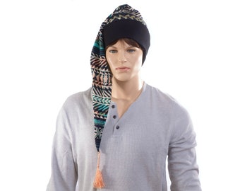 NightCap Tribal Print Black Turquoise Pointed Hat Cotton Night Cap Elf Hat Tassel Pompom Adult Men Women Sleep Hat