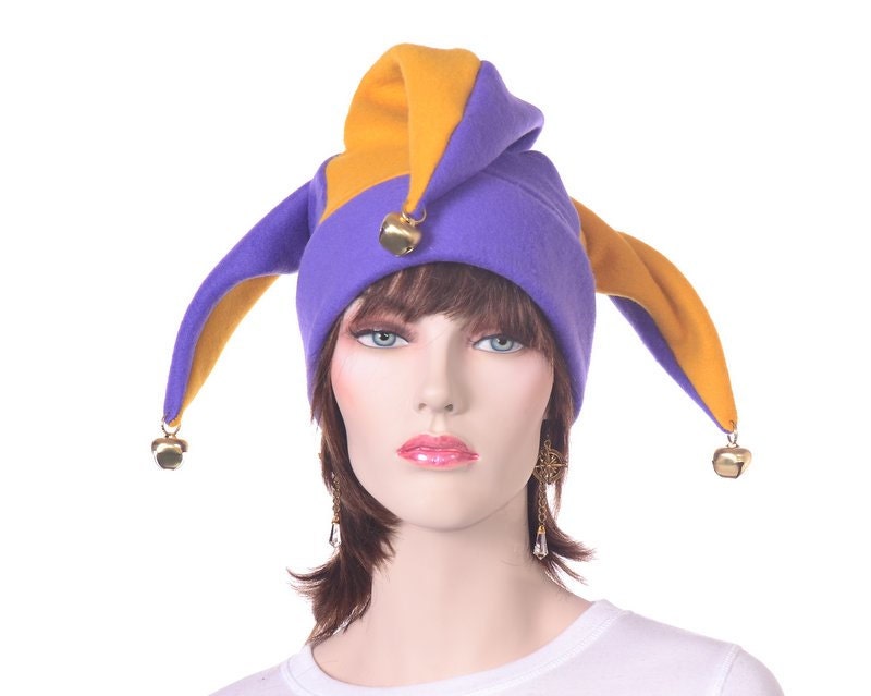 Jester Hat Three Pointed Cap Purple Gold Bells Adult Man Woman Fleece ...