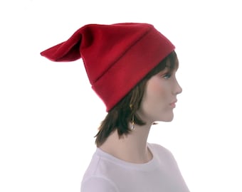 Dark Red Elf Hat Costume Fleece Beanie Hat Adult Stocking Cap Fairy Red Cap Cosplay Mountain Goth Man Women