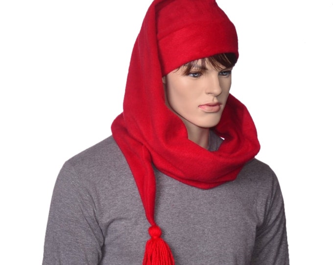 Featured listing image: Red Wrap Around Hat Extra Long Fleece Stocking Cap: Red Scarf Hats with Tassel Adult Men Women