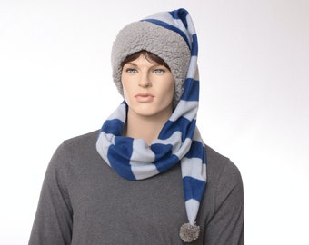 Striped Stocking Cap Navy Blue Gray Wrap Around Scarf Hat Pointed Grey Sherpa Headband Fleece body Adult Women Men