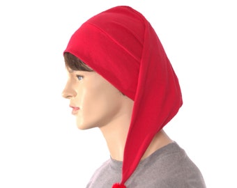 Red Nightcap Cotton Union Suit Night Cap Sleep Hat Pompom Holiday Pajamas Handmade Adult Man Woman