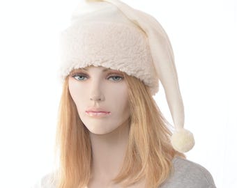 Santa Hat – Cream Fleece with Ivory Sherpa Cuff and Pompom, Cozy White Christmas Hat for Adults