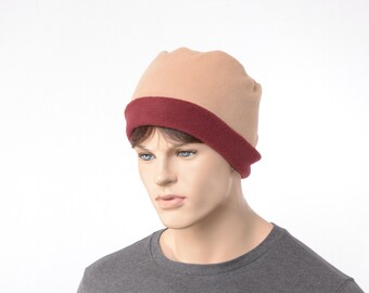 Fleece Hat – Tan & Burgundy Cozy Winter Cap, Soft Warm Cuffed Beanie Style, Everyday Unisex Hats