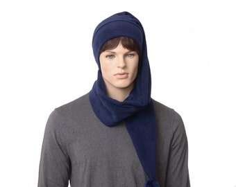 Stocking Cap Navy Blue Extra Long Wrap Around Scarf Hat 5  Tail Hat with Pompom Fleece Adult Man Woman