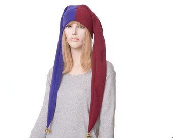 Jester Hat Long Maroon Purple Fleece Two Pointed Harlequin Cap Gothic Adult Goth Clown Cosplay Ren Fair Festival Hats