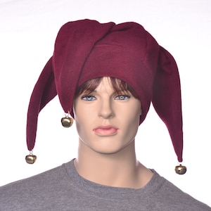 Burgundy Jester Hat Three Pointed Maroon Joker Halloween Costume Silver Jingle Bells Long Cosplay Adult Men Women Ren Fair Festival