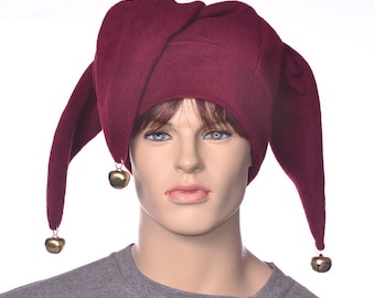 Burgundy Jester Hat Three Pointed Maroon Joker Halloween Costume Silver Jingle Bells Long Cosplay Adult Men Women Ren Fair Festival