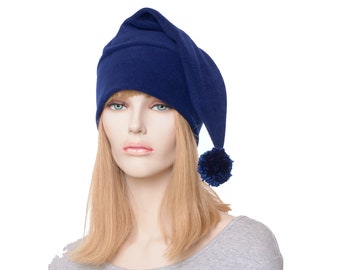 Stocking Cap Navy Blue Pointed Beanie with Pompom Adult Men Woman