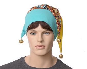 Jester Cap Blue Yellow Tribal Print Lightweight Made of Cotton Three Pointed with Bells Adult Men Women