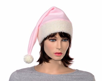 Pink Stocking Cap with Sherpa Trim Soft Fleece Elf Hat with Pom Pom  Long Stocking Cap for Christmas Pastel Holiday or Winter Fairy Look