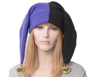 Jester Hat Purple and Black with Oversize Gold Ball Bells Fleece Adult Men Women Cosplay Harlequin Ren Fair Court Fool