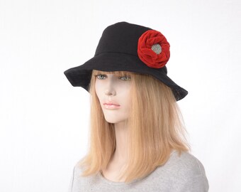 Bucket Hat Black Wide Brim– Flannel Cloche with Red Rose & Pentagram Bead, Gothic Cottagecore Witchy Hats, One of a Kind