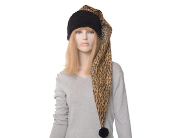 Leopard Stocking Cap Waist Length Soft Fleece Santa Elf Hat Adult Men Women Warm Winter Hat Best Gift for Her