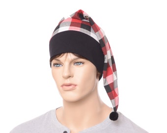 Night Cap Buffalo Plaid Red Black White Pointed Sleep Hat Nightcap Pompom Cotton Adult Men Women Checker Pattern