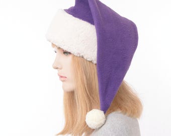 Purple Santa Hat – Purple Fleece Santa Hat with White Sherpa Cuff and Yarn Pompom, Royal Christmas Stocking Cap