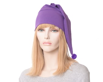 Nightcap Purple Pointed Pompom Unisex Adult  Men Women Cotton Night Cap Hat to Sleep In Chemo Headcover Elf Hat