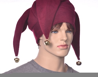Jester Hat Burgundy Wine Fleece Jester Hat: Three-Pointed Joker Cap with Silver Bells Adult Men Women Ren Faire Cosplay
