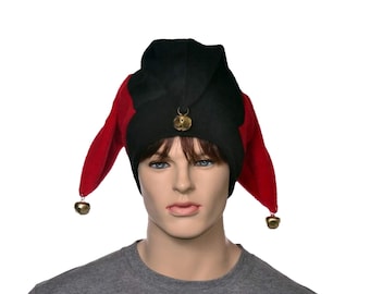 Red Black Jester Hat with Gold Bells Fleece Harlequin Cap Fool Three Pointed Beanie 3 Tail Ren Fair Cosplay Adult Men Women