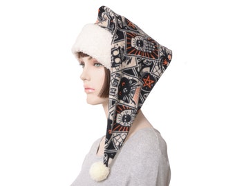 Stocking Cap Witchy Hat Sherpa Fleece Pagan Yule Hat  Black Cat and Pentagram Print – Cozy Goth Holiday Hat – Handmade Adult Men Woman