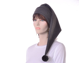 Stocking Cap Charcoal Gray with Pompom Fleece Hat Elf Hat Long Tail Adult Men Women Shoulder Length